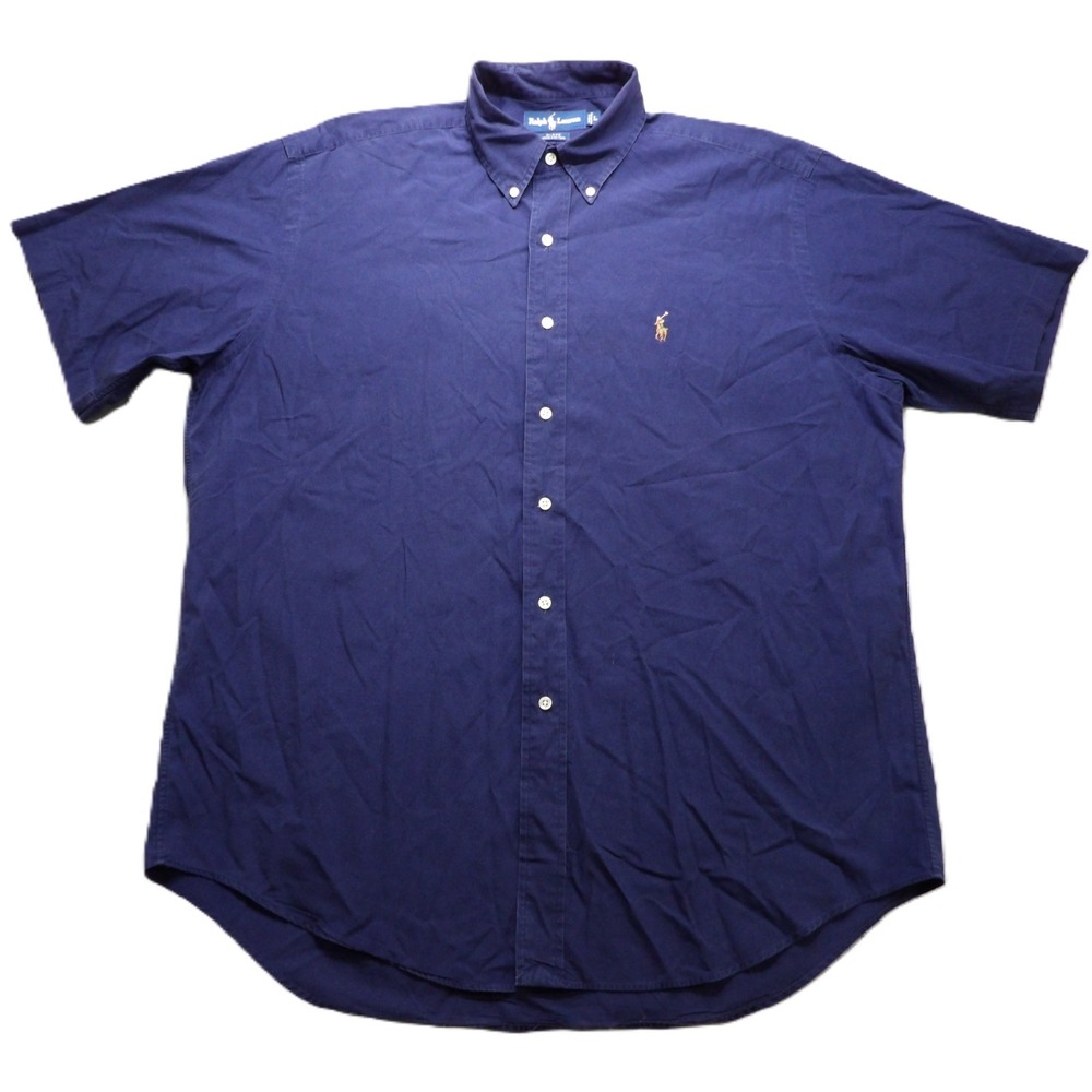 VTG 90 Ralph Lauren Blake Men L Short Sleeve Button Shirt Blue Cotton Flesh Pony